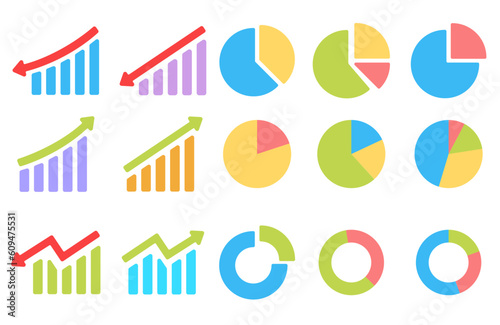 Set of colorful pie charts and graphs icons. Vector illustration