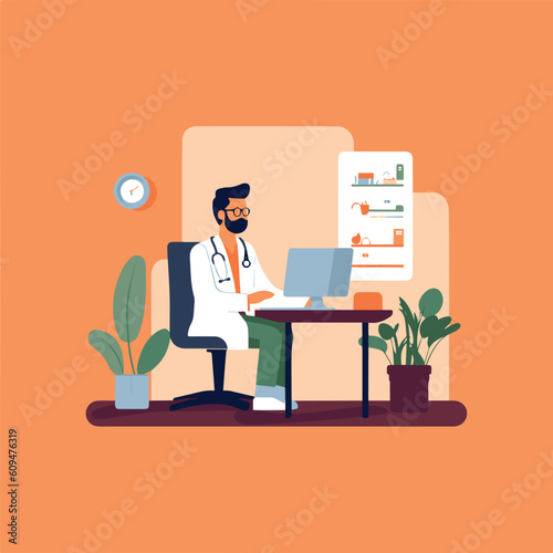 doctor working on his computer, vector illustration