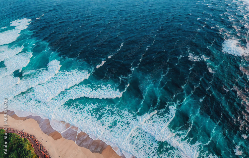 Aerial view of ocean waves. Generative AI.