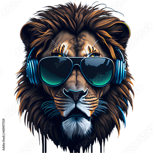 lion wearing sunglasses and headphones v1 photo
