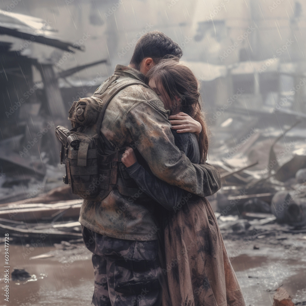 Woman and soldier man hugging in the middle of a war. Generative AI.