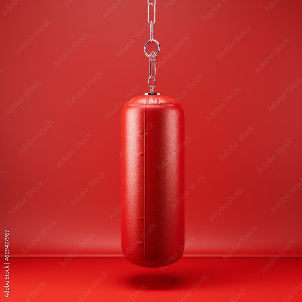 Punching bag on a red background. Generative AI. Punching bag on a red background. Generative AI.