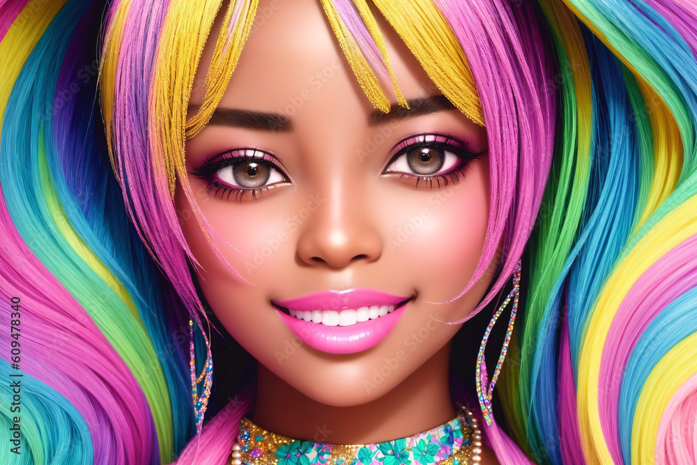 Beautiful African American girl with multicolored hair. Generative AI.