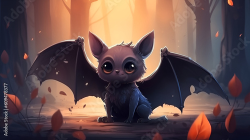 Cute cartoon bat in the magic forest with leaves fall