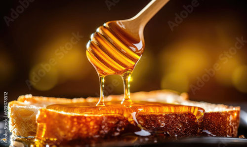 Breakfast scene. Honey pouring over toast bread