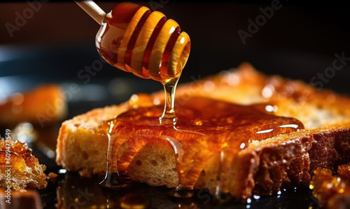 Breakfast scene. Honey pouring over toast bread photo
