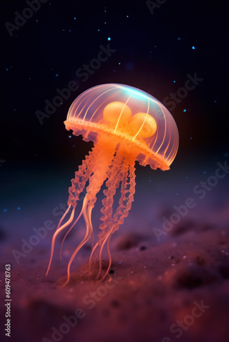 Watercolor jellyfish in modern bright neon colorful isolated on black background Futuristic vivid illustration