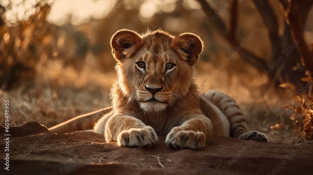 Naklejka premium Cute young lion on savanna