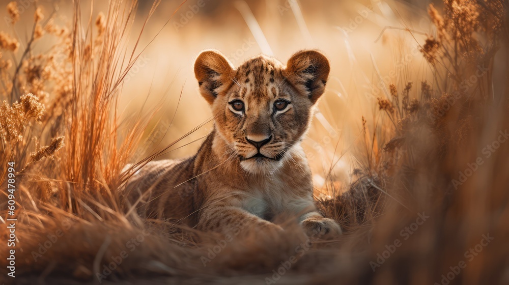 Obraz premium Cute young lion on savanna