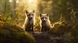 two cute red foxes in the woods