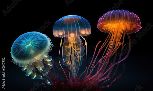 Watercolor jellyfish in modern bright neon colorful isolated on black background Futuristic vivid illustration