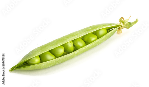 Fresh ripe green pea open pod with seeds isolated on white background