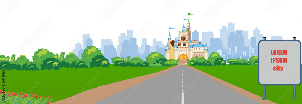 Vector illustration representing the road leading to a fairytale castle in the distance.