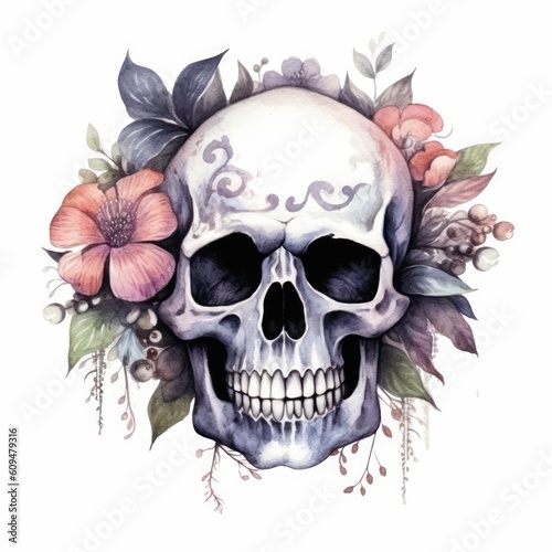 Gothic Floral Reverie: Watercolor Style Floral Skull on a White Background, Generative AI