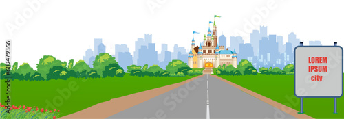 Vector illustration representing the road leading to a fairytale castle in the distance.