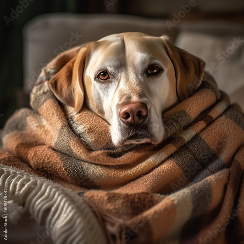 Gentle Labrador Retriever Relaxing in a Cozy Blanket