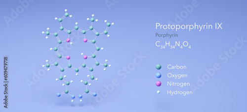protoporphyrin ix molecule, molecular structures, porphyrin, 3d model, Structural Chemical Formula and Atoms with Color Coding photo