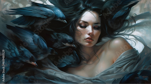 Crows gather around a sleeping black-haired woman
