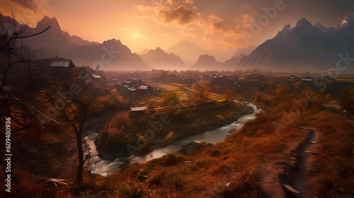Dawn light falls over a small East Asian farming town by a small river, Generative AI