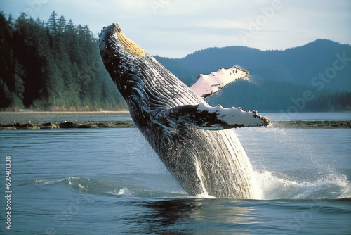 Humpback Whale jumping in a nothern bay. AI generative