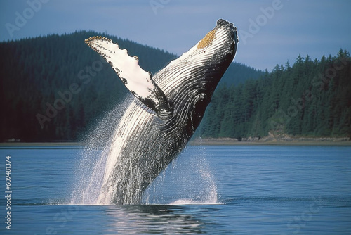 Humpback Whale jumping in a nothern bay. AI generative photo