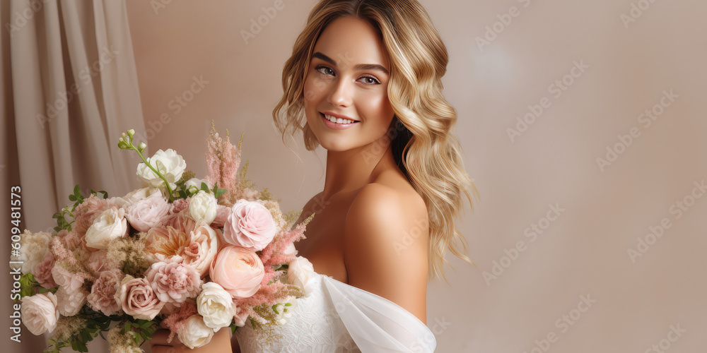 Naklejka premium Beautiful smiling young bride in white wedding dress holding a blooming wedding bouquet isolated on a pastel flat background with copy space. Generative AI professional photo imitation.
