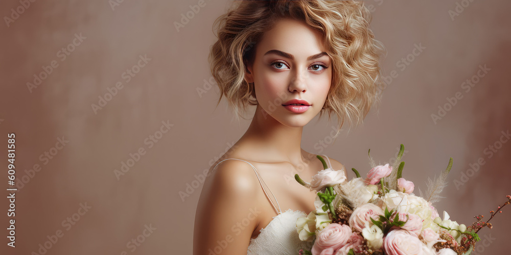 Beautiful young bride in white wedding dress holding a blooming wedding bouquet isolated on a pastel flat background with copy space. Generative AI professional photo imitation.