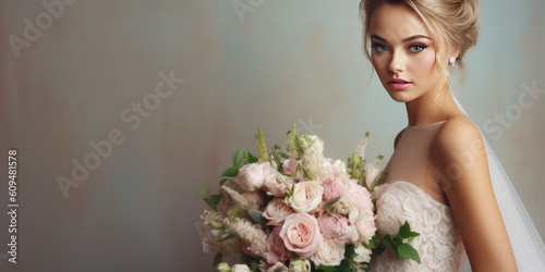 Beautiful young blond hair bride in white wedding dress holding a blooming wedding bouquet isolated on a pastel flat background with copy space. Generative AI professional photo imitation.