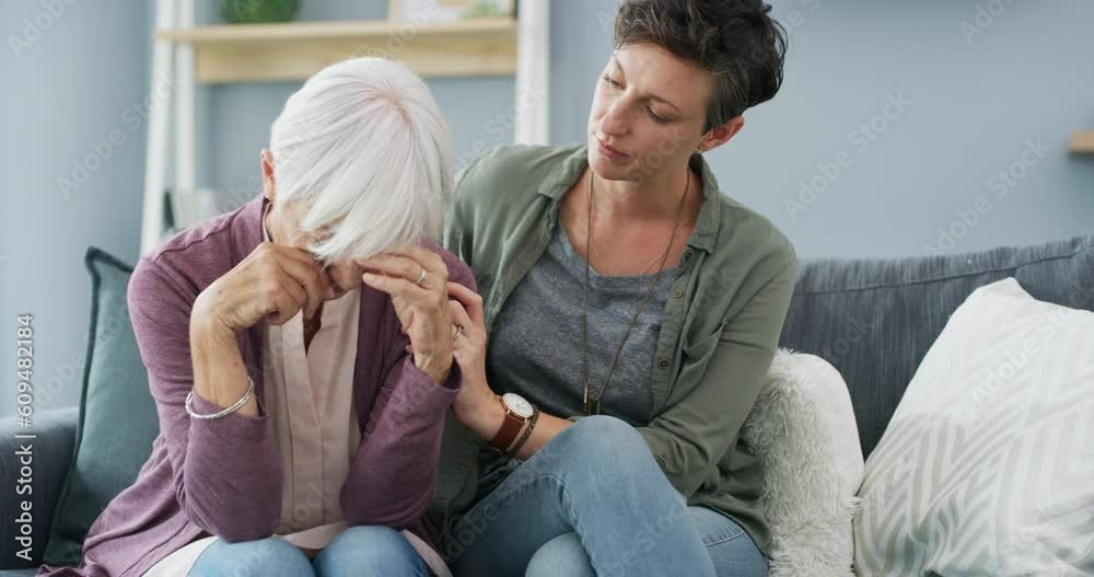 Person Crying Console Sad, grief and woman with her senior mother for comfort, love and ...