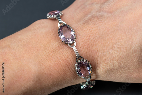 Beautiful old pink crystal bracelet, unique vintage jewelry background, rhinestone jewelry concept, promotional photo for an online jewellery store