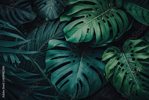 Layout of tropical green leaves that is unique. The notion of nature in spring. Lay flat. Generative AI