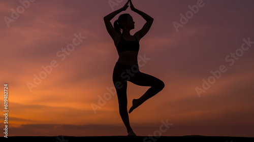 A Young woman doing Ashtanga yoga practice, surrounded by bright sunlight. Beutiful girl meditating makes herself a healthy body and strengthening the spirit. © Pixzot