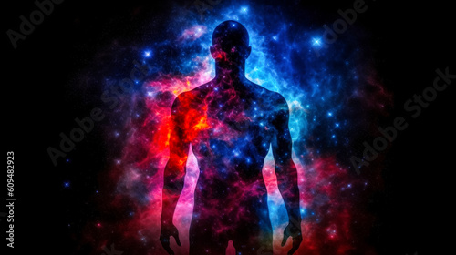 Silhouette of a man on the background of the birth of the universe, the dream of space, generated by AI