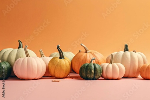 autumn / fall concept or greeting / invitation card for thanksgiving with pumpkins in a row . Text space. Ai generated 