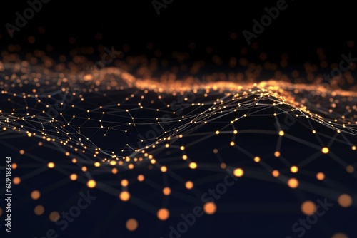 Abstract connected dots on a dark background. Big data digital code, data transmission. Futuristic concept of information technology. AI generated. Generative AI