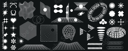 Retro futuristic geometric shapes set, cyberpunk elements, square, grid perspective, donuts with 2000s style text. Vector illustration.