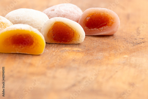 Line of Mochi Soft Rice Dumplings with Tropical Fruit Filling