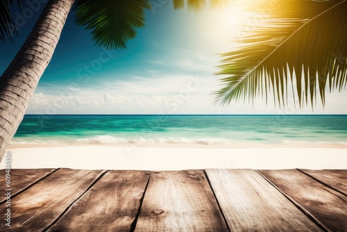 Palm palms frame the tropical sea beach, sun, and white sand floor. Summer background concept Montage. Generative AI