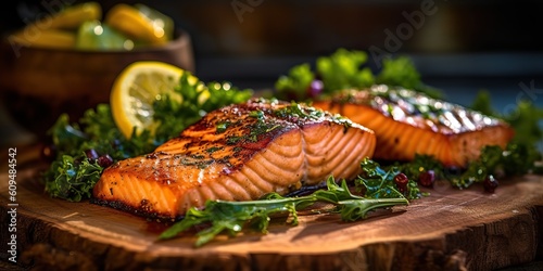 AI Generated. AI Generative. Photo illustration of bbq grilled fresh baked steak salmon with salad. Graphic Art
