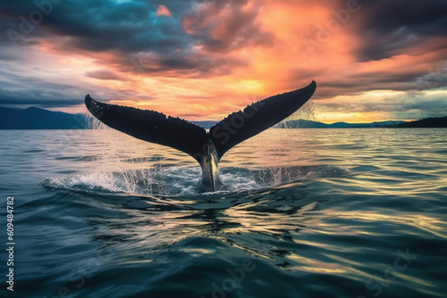 Humpback Whale tail in ocean, dramatic sky. AI generative