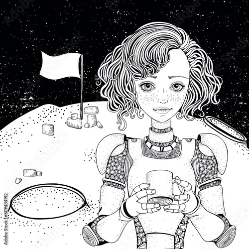 Black And White Coloring Book Page For Adult. Beautiful Girl teenager Robot android drinks Coffee on the moon. The flag is flying. The surface of the moon and the black starry sky.
