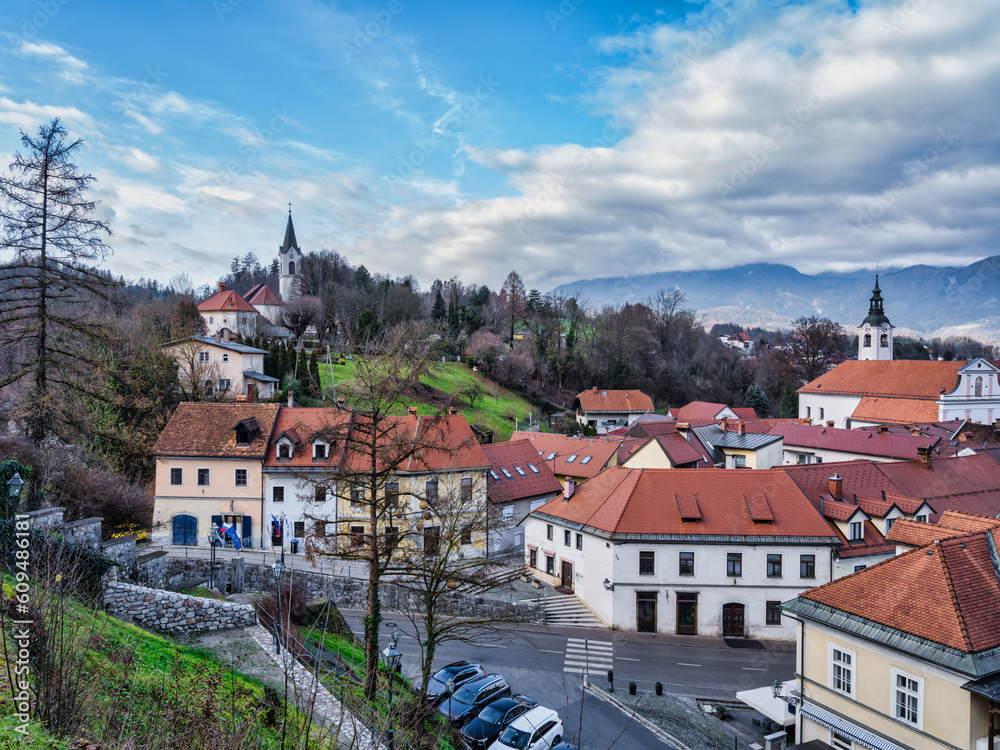 Aerial shot of Kamnik town old buildings and the Church of St Joseph, Mamnik, Slovenia