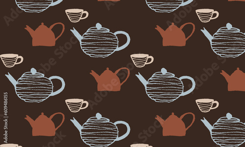 Vector pattern of colorful teapots and cups. Tea, coffee, hot drinks. Wallpaper, wrapping paper, fabric, design, decoration. Beige, blue on a brown background. Graphics, hand drawing, doodle. Eps10