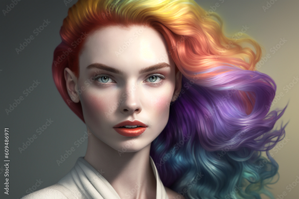 Portrait of a woman with rainbow hair, fictitious person. AI generated image Portrait of a woman with rainbow hair, fictitious person. AI generated image