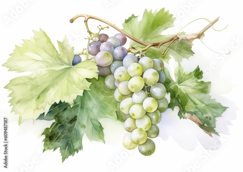 Watercolor illustration of Sauvignon Blanc Grapes on the vine on a white isolated background