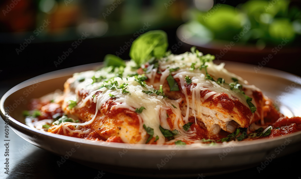 Penne pasta in tomato sauce with chicken, tomatoes decorated with parsley on a wooden table