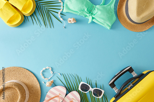 Concept of summertime travel. Top view flat lay of luggage, beach accessories, stylish swimsuit, palm leaves, seashells on light blue background with blank canvas for marketing message or ads