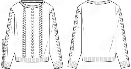 Women's Cable Sweater- Technical fashion illustration. Front and back, white colour. Women's CAD mock-up.