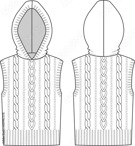 Women's Cable Hooded Vest- Technical fashion illustration. Front and back, white colour. Women's CAD mock-up.