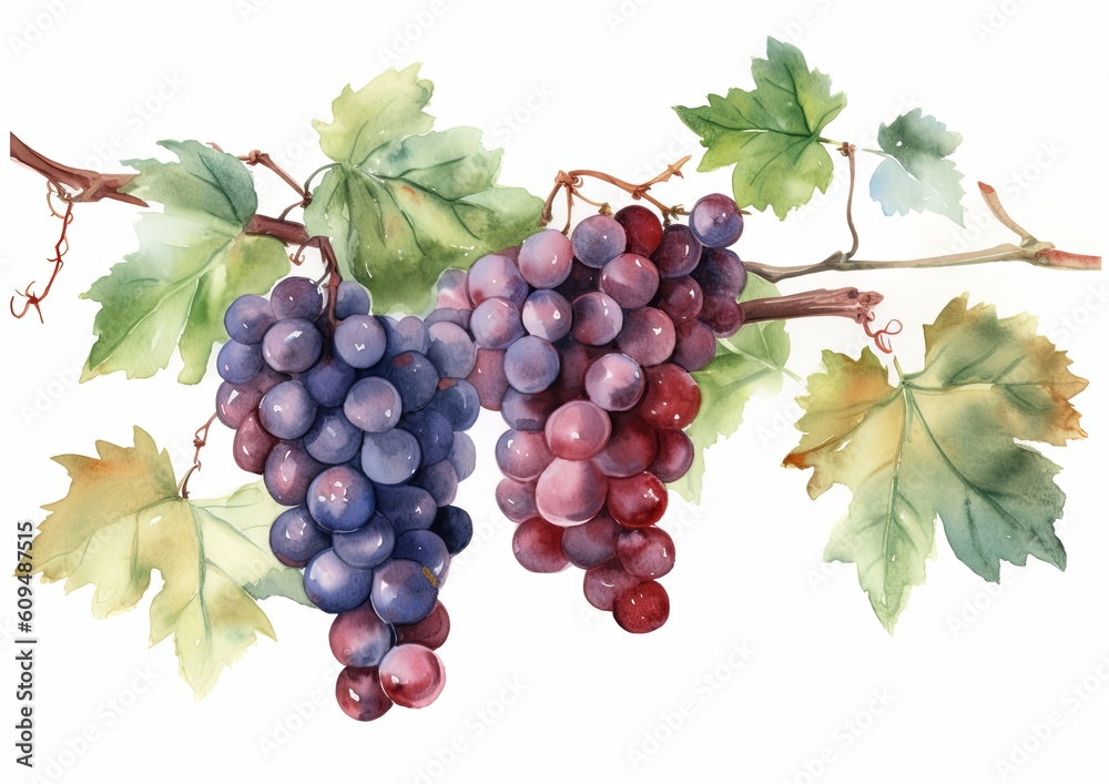 Obraz premium Watercolor illustration of Merlot Grapes on the vine on a white isolated background